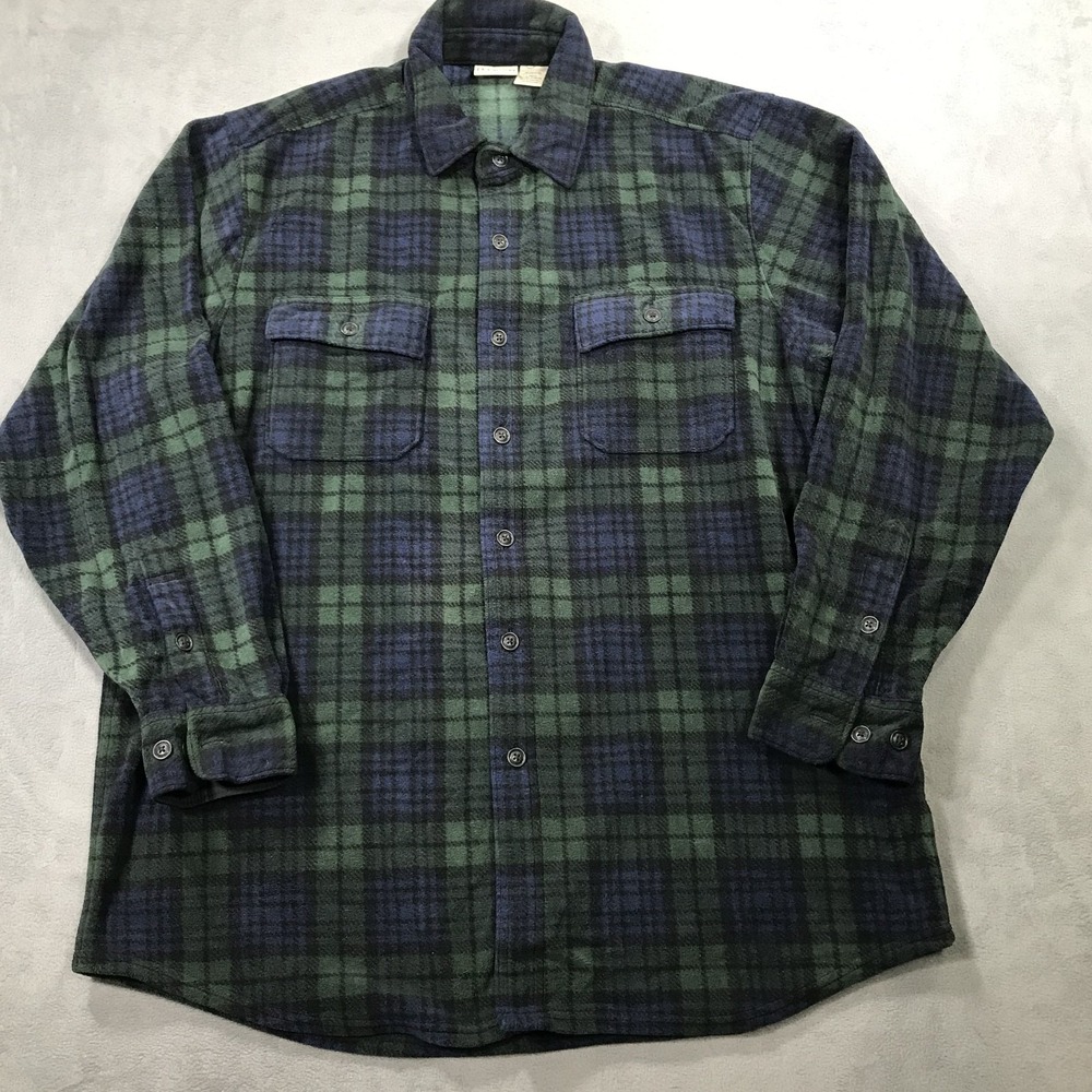 LL Bean Fleece Button Up Shirt Men's Large Blue Green plaid Soft Long Sleeve